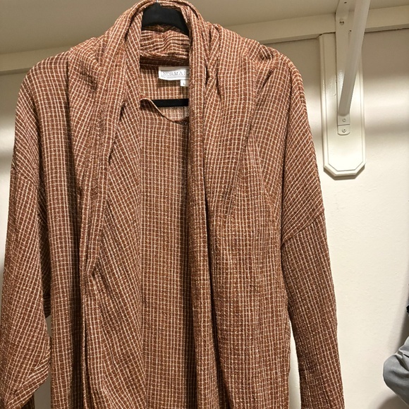 Norma Kamali Top - 80s vintage brown woven gauzy w/ attached scarf - Picture 1 of 5